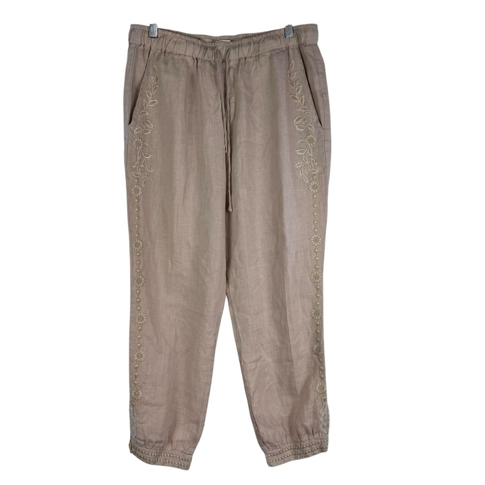 Johnny‎ Was LA Kemi Linen Floral Neutral Embroidered Jogger Pants Size Medium